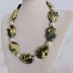 Yellow Lime Green Turquoise Flat Stone Statement Necklace Beaded Lime Stone Pear